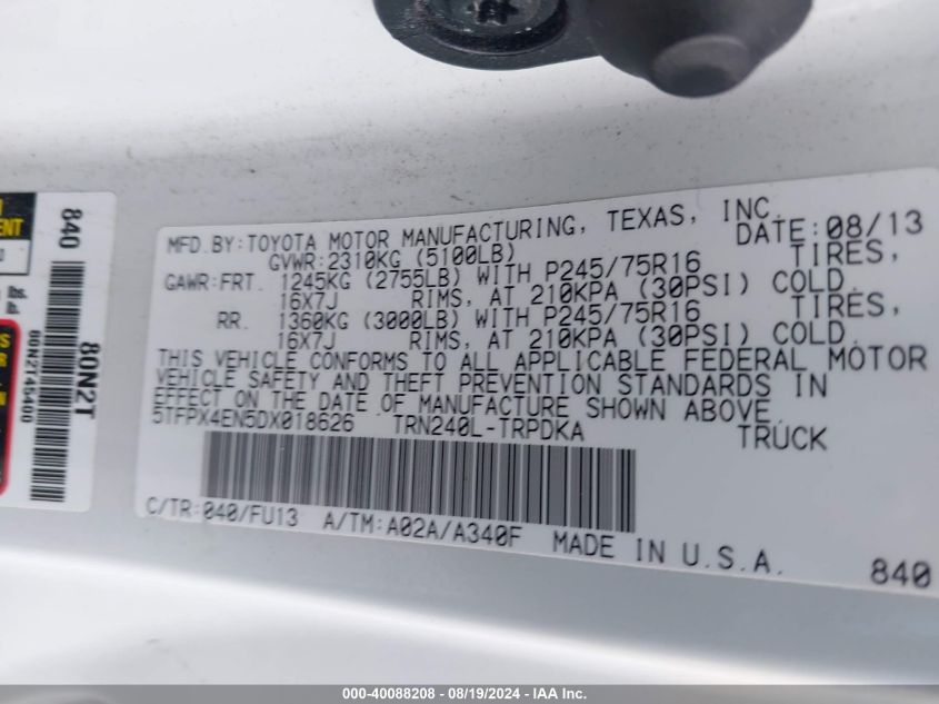 2013 Toyota Tacoma VIN: 5TFPX4EN5DX018626 Lot: 40088208