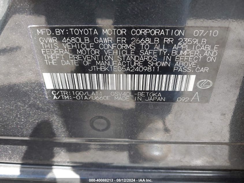 2010 Lexus Es 350 VIN: JTHBK1EG5A2409811 Lot: 40088213