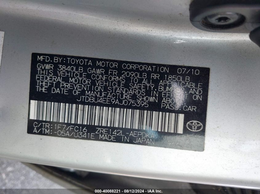 2010 Toyota Corolla Le VIN: JTDBU4EE9AJ075395 Lot: 40088221