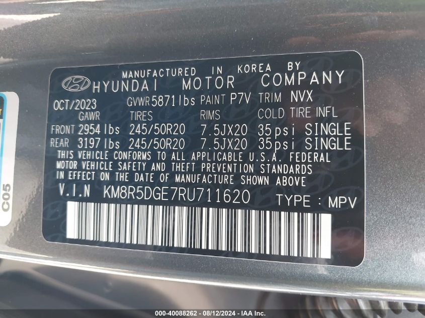 2024 Hyundai Palisade Limited VIN: KM8R5DGE7RU711620 Lot: 40088262