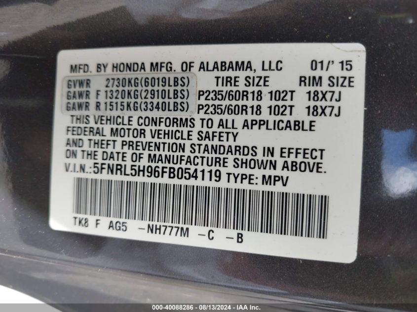 2015 Honda Odyssey Touring/Touring Elite VIN: 5FNRL5H96FB054119 Lot: 40088286