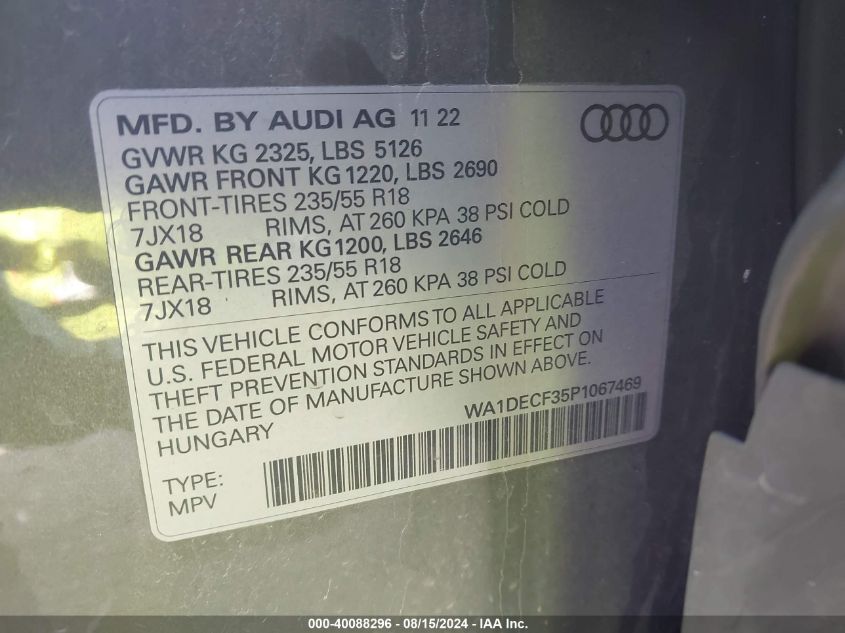 2023 Audi Q3 Premium S Line 45 VIN: WA1DECF35P1067469 Lot: 40088296