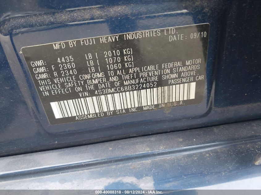 2011 Subaru Legacy 2.5I Premium VIN: 4S3BMCC68B3224052 Lot: 40088318