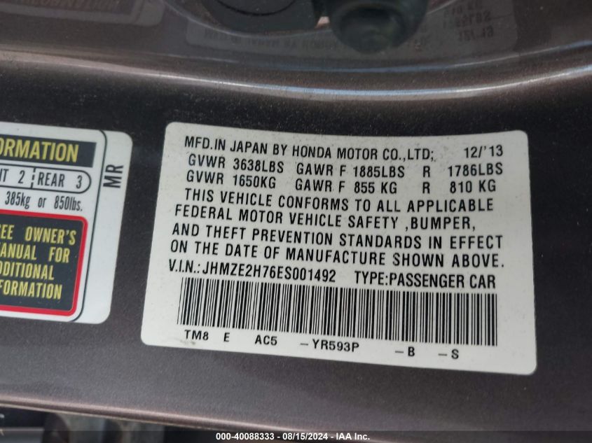 2014 Honda Insight Ex VIN: JHMZE2H76ES001492 Lot: 40088333