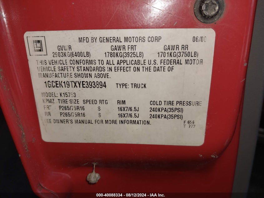 2000 Chevrolet Silverado 1500 Lt VIN: 1GCEK19TXYE393894 Lot: 40088334