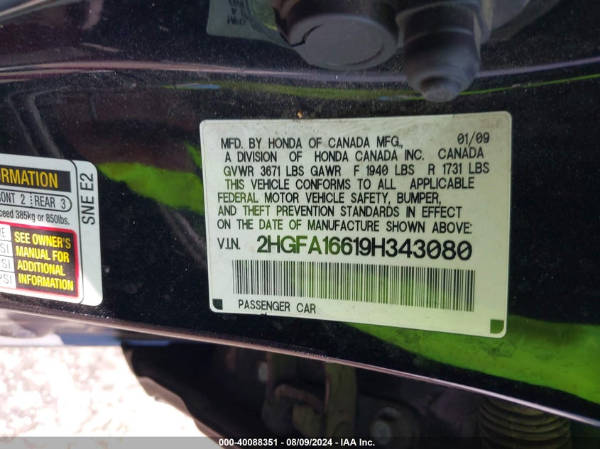 2009 Honda Civic Lx-S VIN: 2HGFA16619H343080 Lot: 40088351