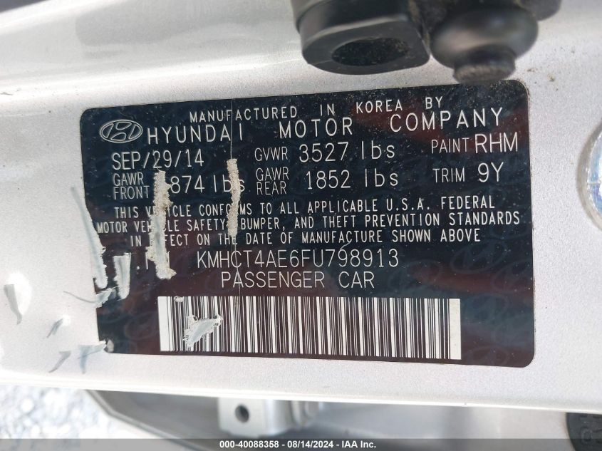 2015 Hyundai Accent Gls VIN: KMHCT4AE6FU798913 Lot: 40088358