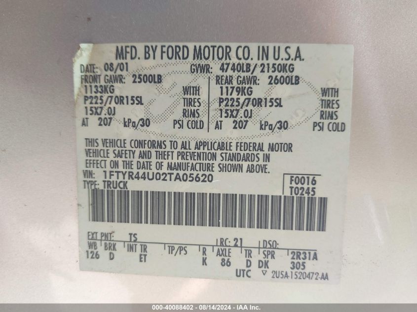 2002 Ford Ranger Edge/Tremor/Xlt VIN: 1FTYR44U02TA05620 Lot: 40088402