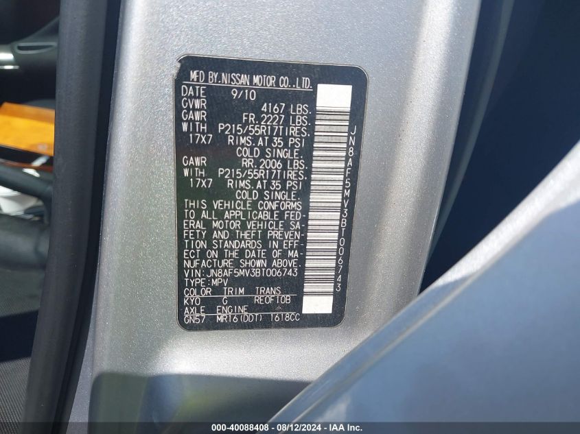 2011 Nissan Juke S VIN: JN8AF5MV3BT006743 Lot: 40088408