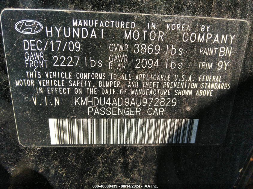 2010 Hyundai Elantra Gls VIN: KMHDU4AD9AU972829 Lot: 40088439