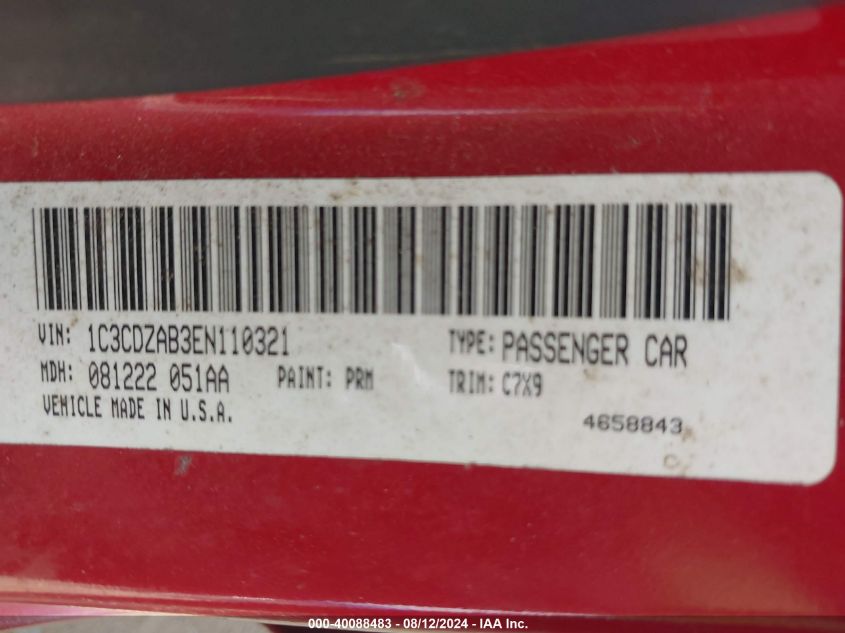 2014 Dodge Avenger Se VIN: 1C3CDZAB3EN110321 Lot: 40088483