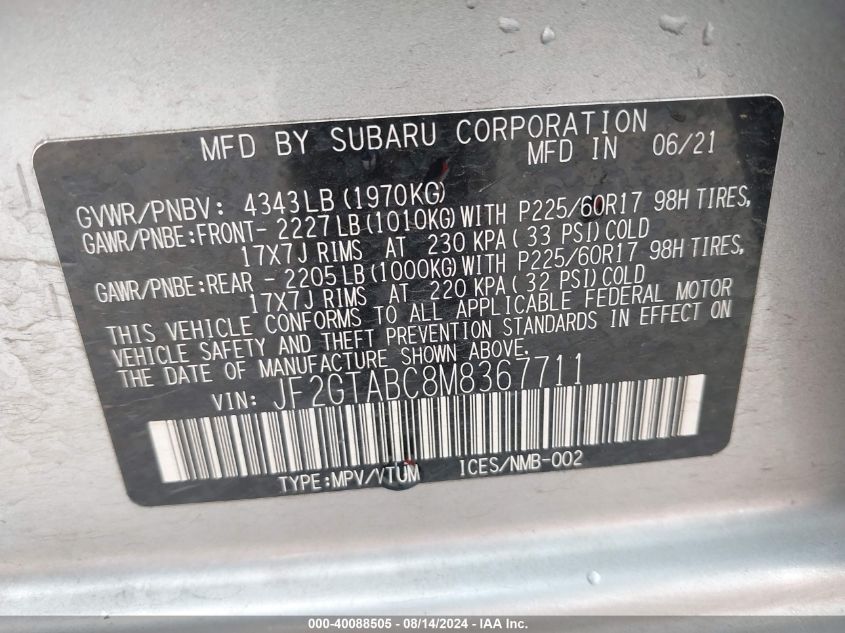 JF2GTABC8M8367711 2021 Subaru Crosstrek