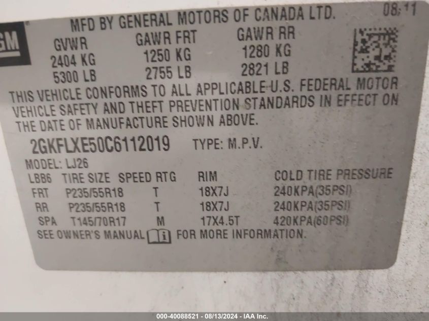 2012 GMC Terrain Slt-2 VIN: 2GKFLXE50C6112019 Lot: 40088521