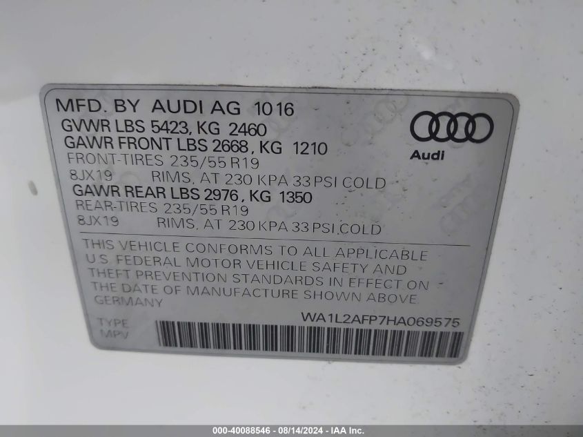 2017 Audi Q5 2.0T Premium VIN: WA1L2AFP7HA069575 Lot: 40088546