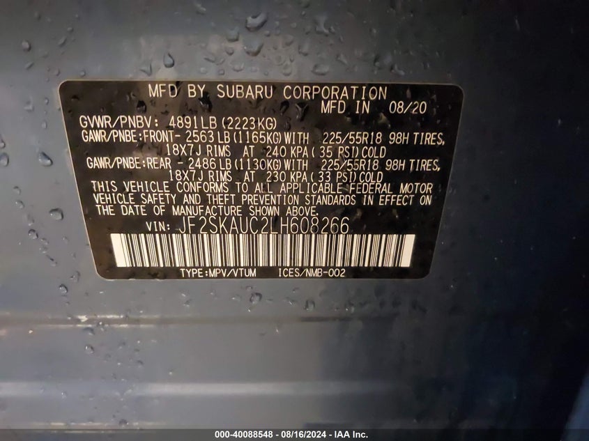 2020 SUBARU FORESTER LIMITED - JF2SKAUC2LH608266