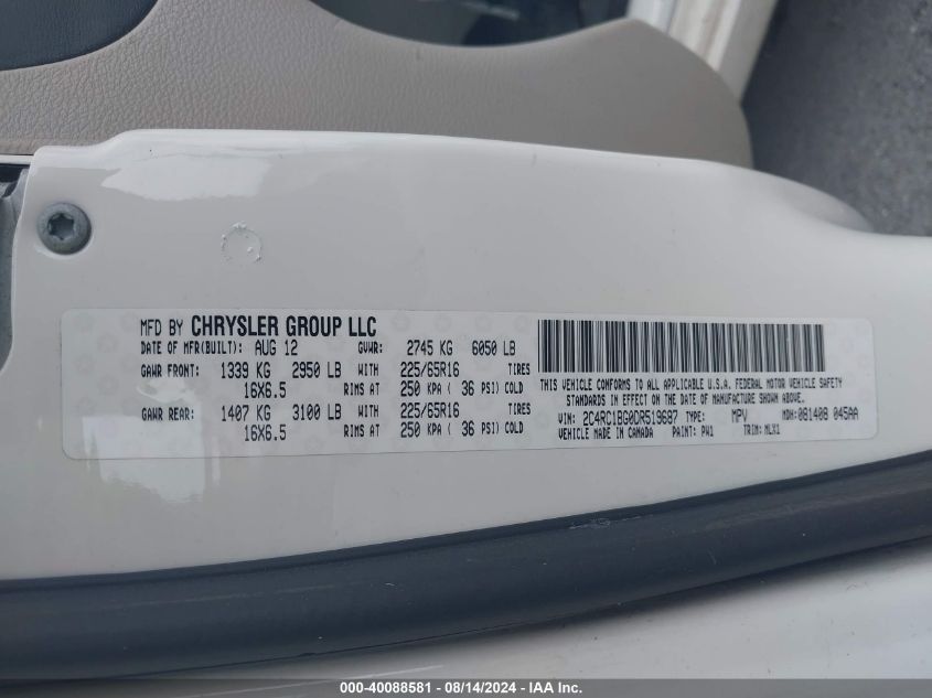 2013 Chrysler Town & Country Touring VIN: 2C4RC1BG0DR519687 Lot: 40088581