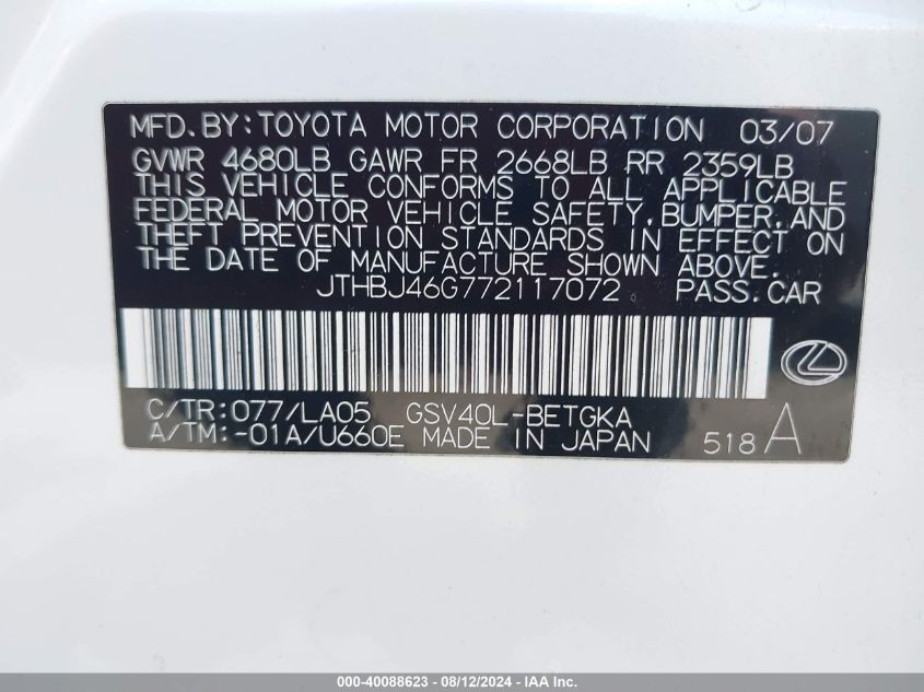 2007 Lexus Es 350 VIN: JTHBJ46G772117072 Lot: 40088623