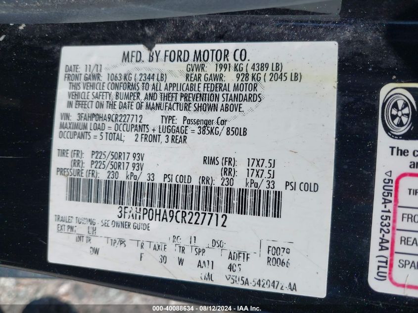 2012 Ford Fusion Se VIN: 3FAHP0HA9CR227712 Lot: 40088634