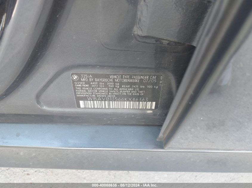 2006 BMW 325I I VIN: WBAVB13566KX46363 Lot: 40088635