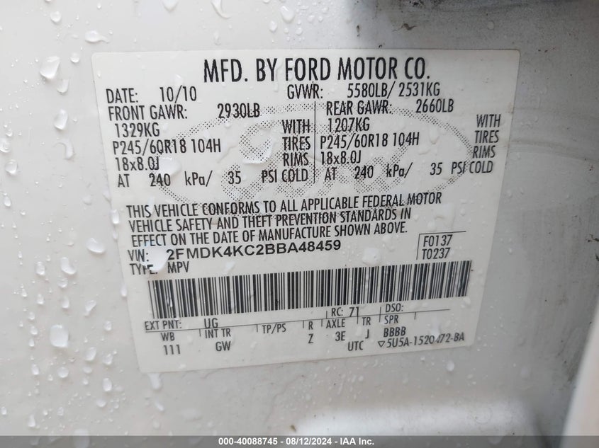 2011 Ford Edge Limited VIN: 2FMDK4KC2BBA48459 Lot: 40088745