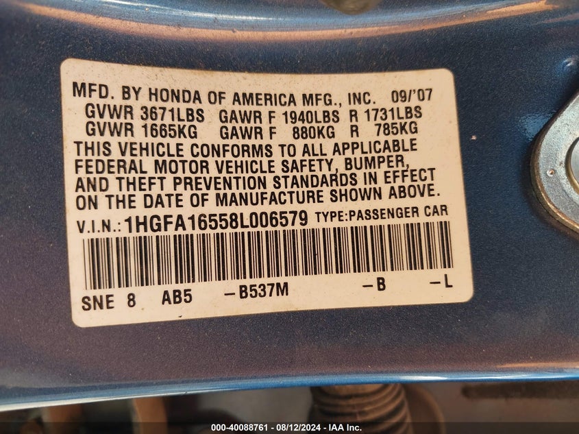 2008 Honda Civic Sdn Lx VIN: 1HGFA16558L006579 Lot: 40088761