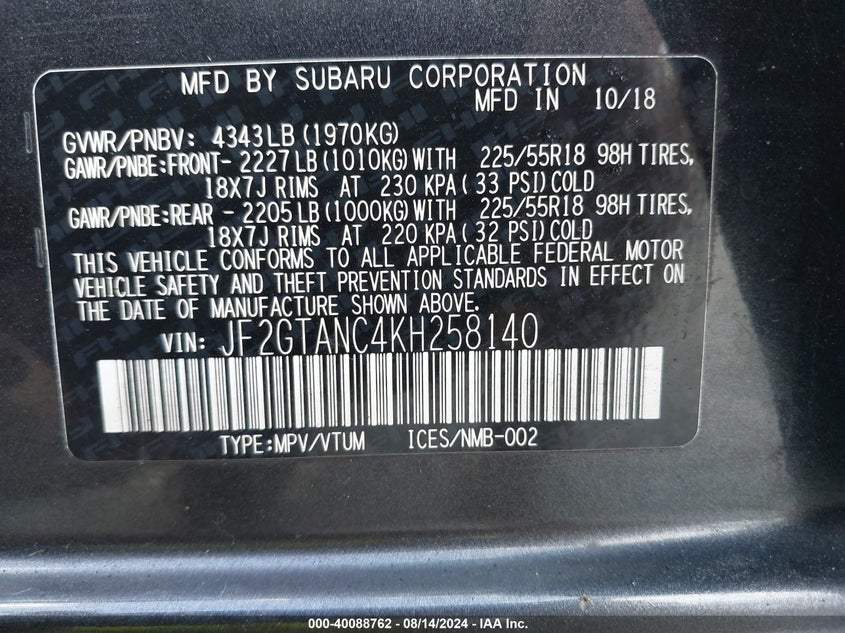 VIN JF2GTANC4KH258140 2019 SUBARU CROSSTREK 2.0I LIMITED