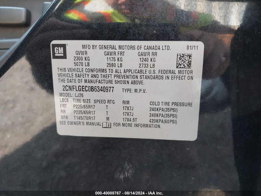 2011 Chevrolet Equinox Ltz VIN: 2CNFLGEC0B6340977 Lot: 40088767