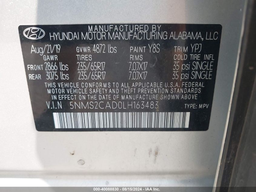 2020 Hyundai Santa Fe Se VIN: 5NMS2CAD0LH163483 Lot: 40088830