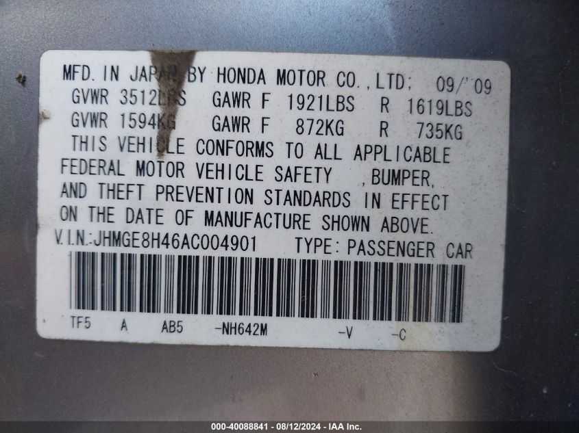 2010 Honda Fit Sport VIN: JHMGE8H46AC004901 Lot: 40088841