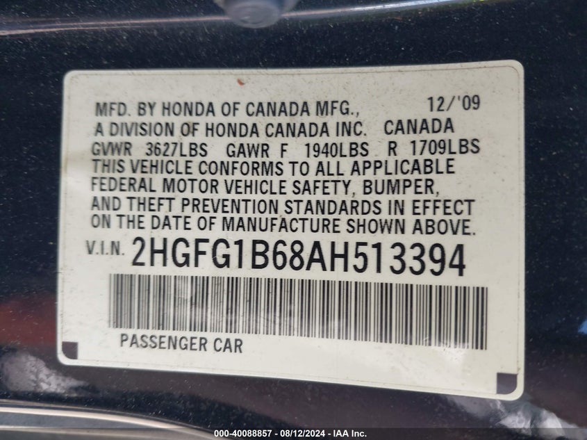 2010 Honda Civic Lx VIN: 2HGFG1B68AH513394 Lot: 40088857