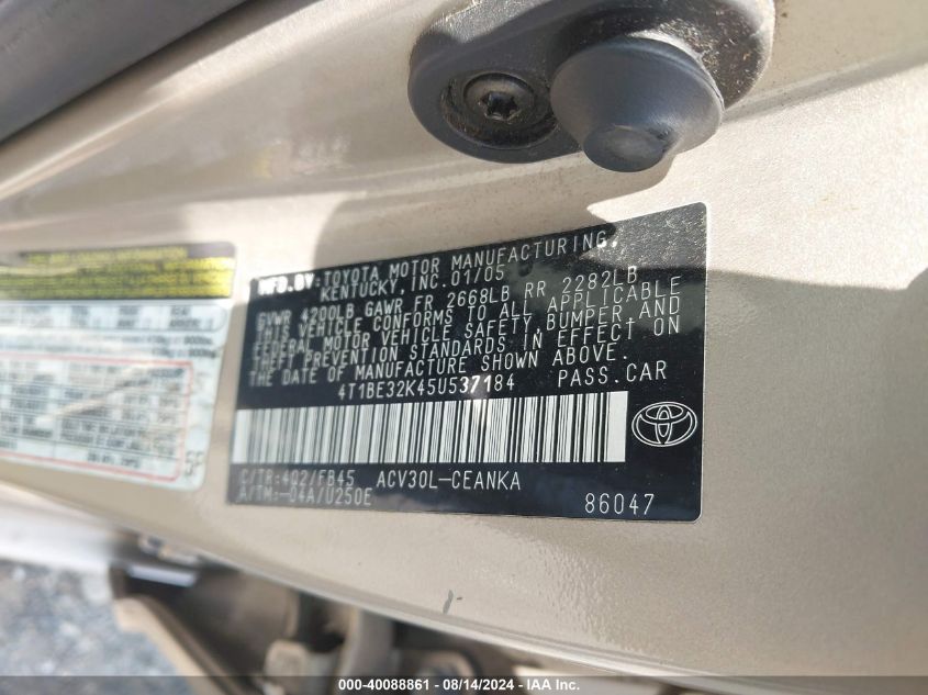 2005 Toyota Camry Le/Xle/Se VIN: 4T1BE32K45U537184 Lot: 40088861