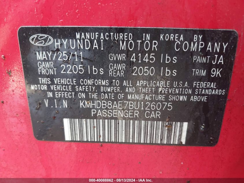 2011 Hyundai Elantra Touring Gls VIN: KMHDB8AE7BU126075 Lot: 40088862