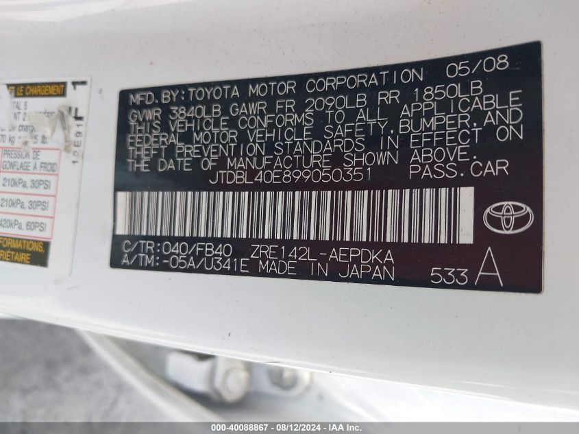 2009 Toyota Corolla VIN: JTDBL40E899050351 Lot: 40088867