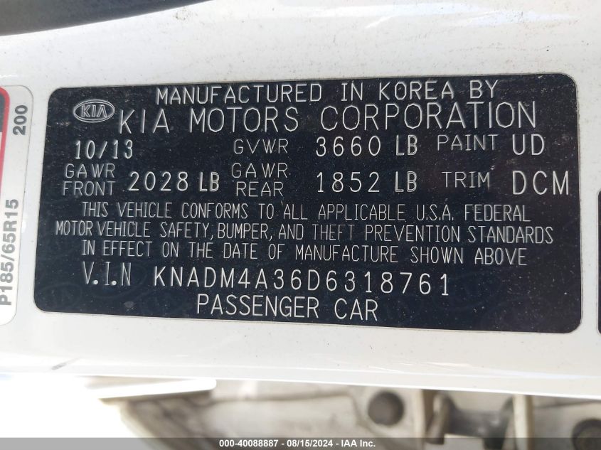 2013 Kia Rio Lx VIN: KNADM4A36D6318761 Lot: 40088887