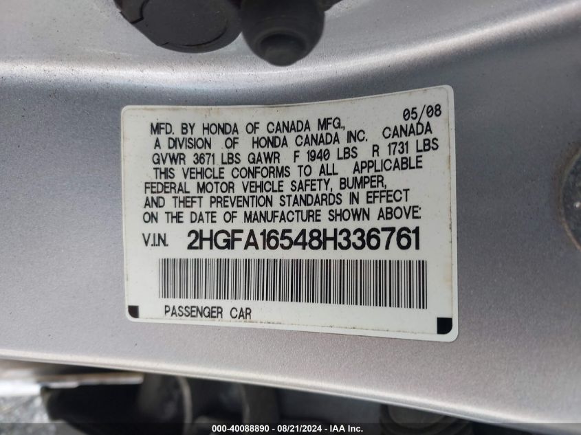 2008 Honda Civic Sdn Lx VIN: 2HGFA16548H336761 Lot: 40088890