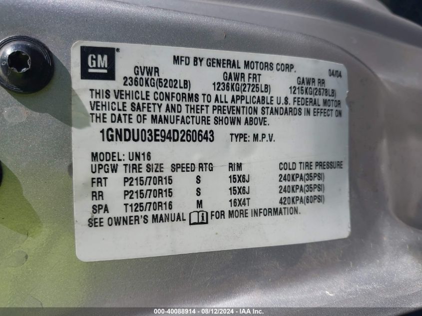 2004 Chevrolet Venture Plus VIN: 1GNDU03E94D260643 Lot: 40088914