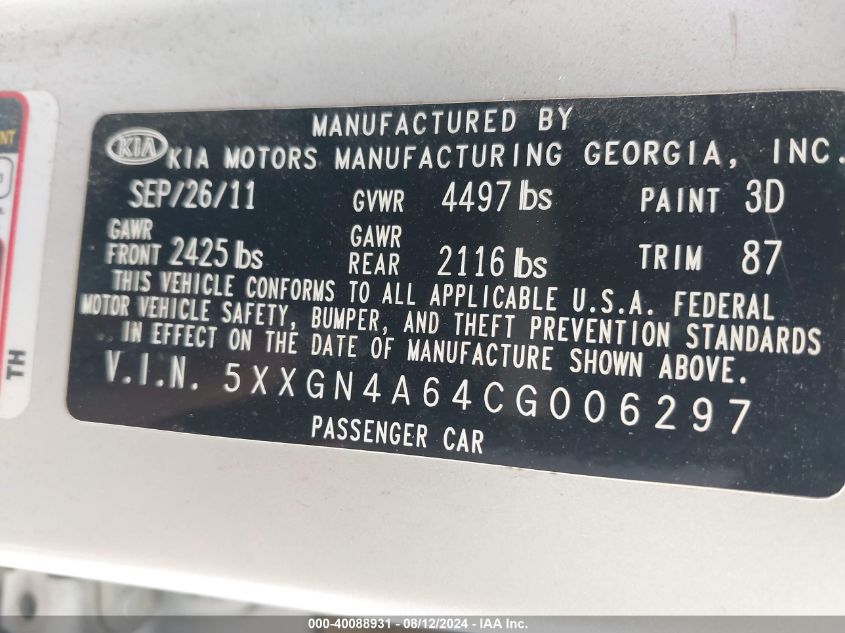 2012 Kia Optima Ex VIN: 5XXGN4A64CG006297 Lot: 40088931