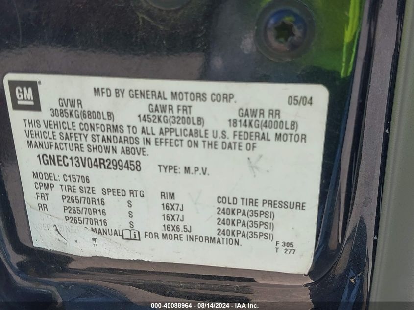 2004 Chevrolet Tahoe Ls VIN: 1GNEC13V04R299458 Lot: 40088964