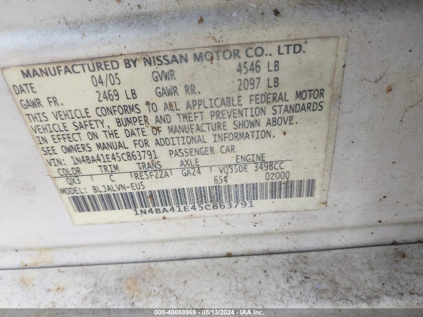 2005 Nissan Maxima 3.5 Sl VIN: 1N4BA41E45C863791 Lot: 40088969