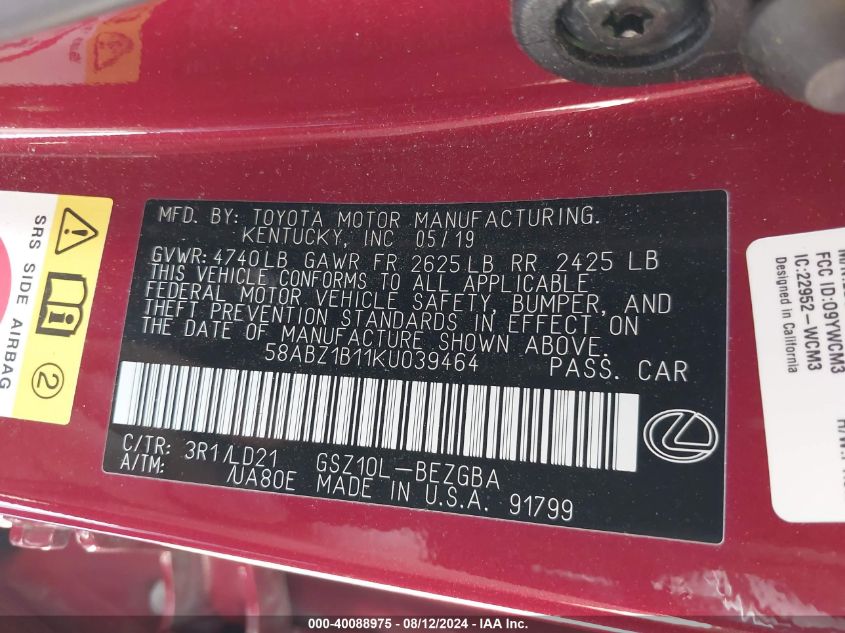 2019 Lexus Es 350 VIN: 58ABZ1B11KU039464 Lot: 40088975