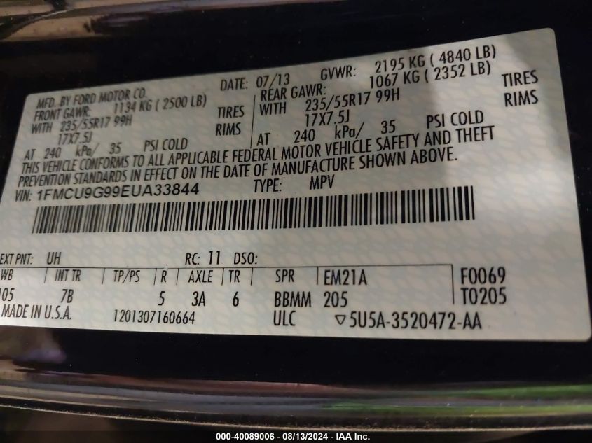 2014 Ford Escape Se VIN: 1FMCU9G99EUA33844 Lot: 40089006