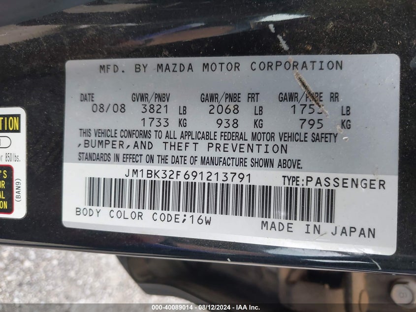 2009 Mazda Mazda3 I VIN: JM1BK32F691213791 Lot: 40089014