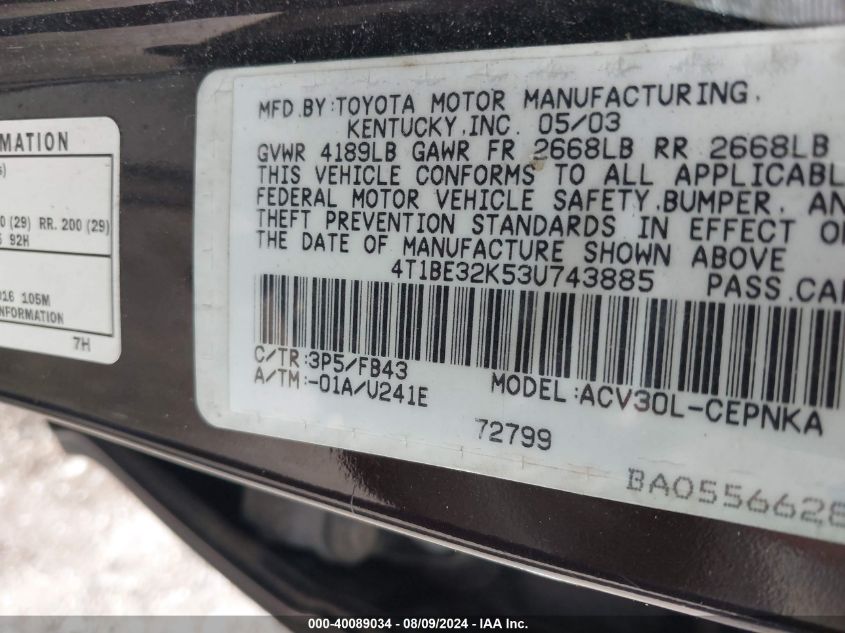 2003 Toyota Camry Le VIN: 4T1BE32K53U743885 Lot: 40089034