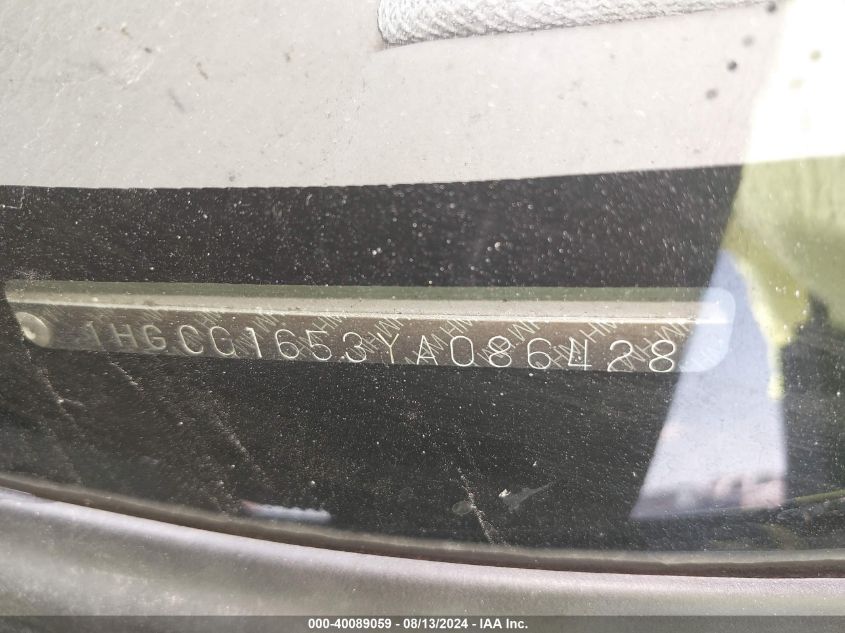 2000 Honda Accord 3.0 Ex VIN: 1HGCG1653YA086428 Lot: 40089059