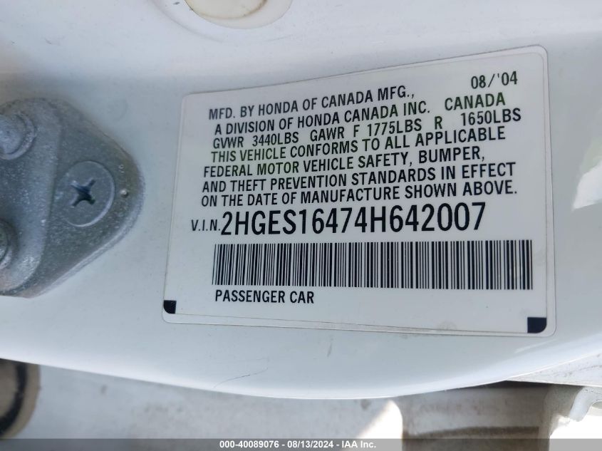 2004 Honda Civic Vp VIN: 2HGES16474H642007 Lot: 40089076