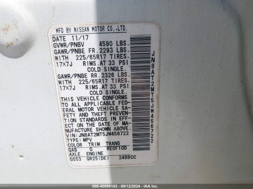 2018 Nissan Rogue Sv VIN: JN8AT2MT5JW456722 Lot: 40089103