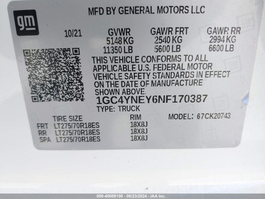 2022 Chevrolet Silverado 2500Hd K2500 Heavy Duty Lt VIN: 1GC4YNEY6NF170387 Lot: 40225394