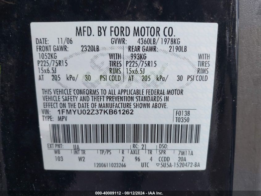 2007 Ford Escape Xls VIN: 1FMYU02Z37KB61262 Lot: 40089112