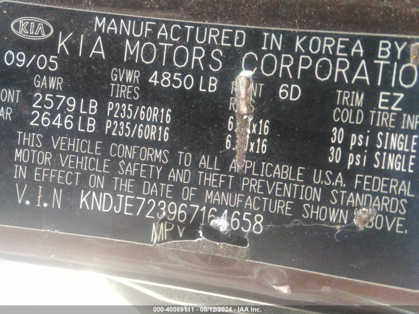 2006 Kia Sportage Ex V6/Lx V6 VIN: KNDJE723967164658 Lot: 40089111