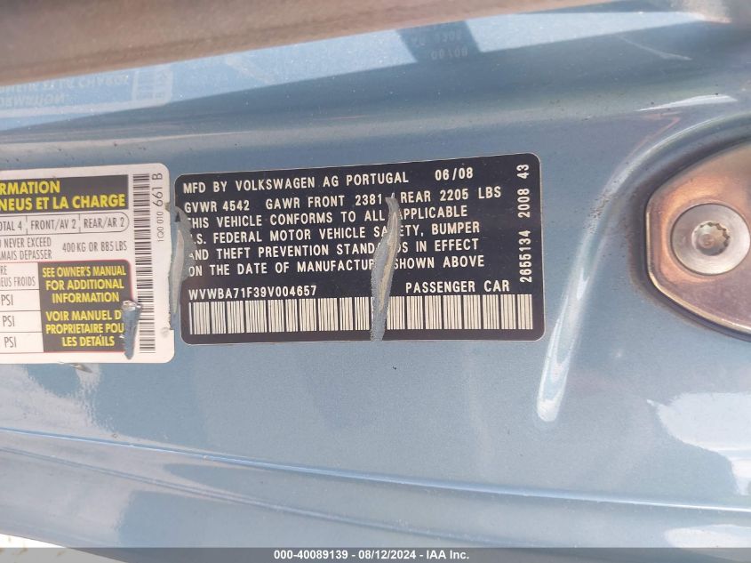 2009 Volkswagen Eos Komfort VIN: WVWBA71F39V004657 Lot: 40089139